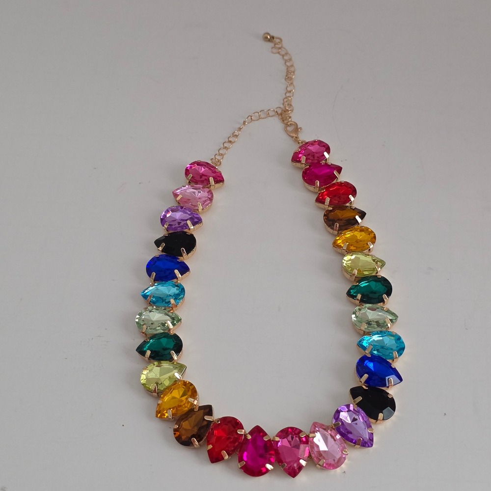 Rainbow Teardrop Crystal Statement Necklace Gold Tone Colorful Bib Jewelry NEW